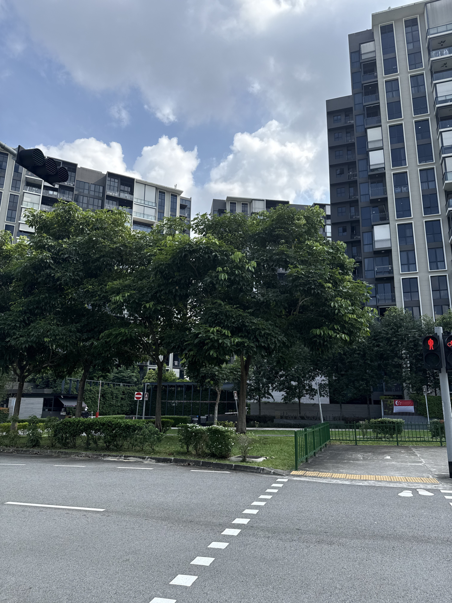 街路樹が並ぶ交差点の先に建つ高層の集合住宅